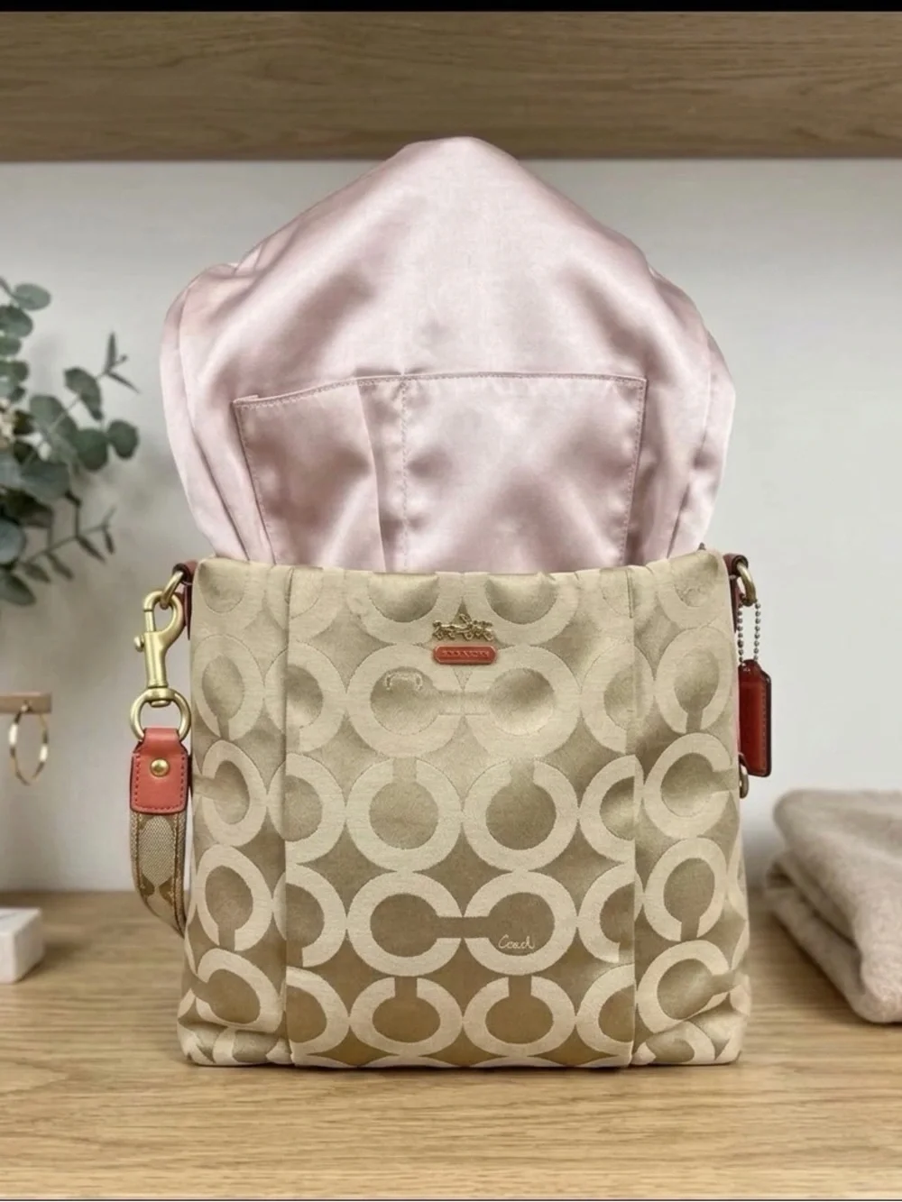 Coach Signature C Hobo Bag Beige Canvas & Vibrant Red-Orange Trim  Serial J1276